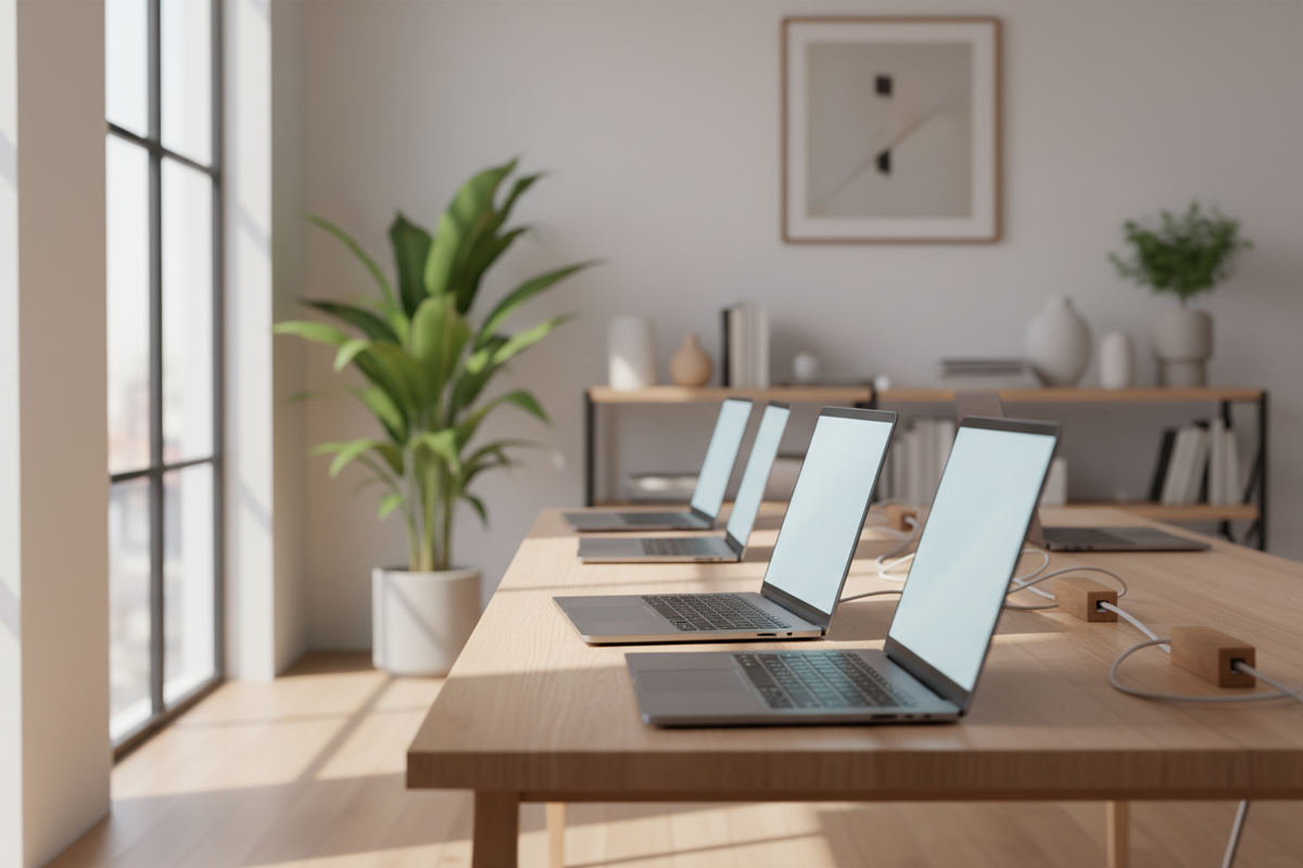 A clean, modern workspace featuring multiple refurbished laptops neatly arranged on a wooden desk. Laptops are open and powered on with minimal UI glow, no text on screens. Soft natural daylight coming through a window, modern office background with plants and neutral tones. Premium, realistic photography style, shallow depth of field, professional and trustworthy mood.