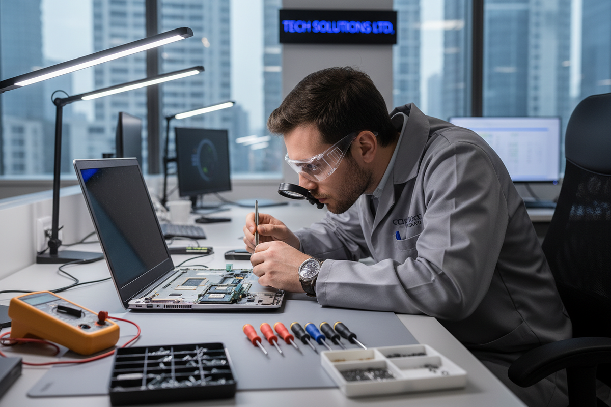 A close-up scene of a technician inspecting a laptop in a professional workspace. Laptop opened with internal components partially visible, tools neatly placed around. Clean, organized setup, neutral lighting, realistic corporate photography style conveying trust, quality checks, and reliability.
