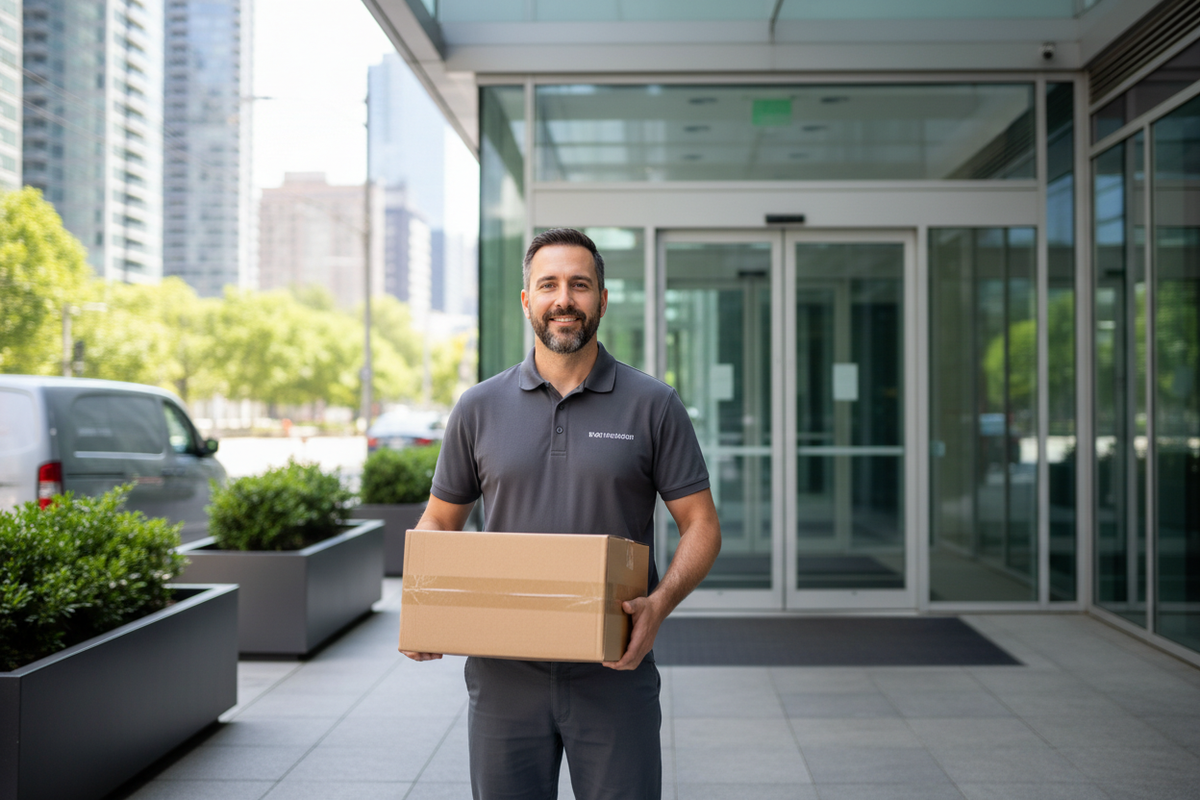 A delivery executive holding a securely packed laptop box while standing near a modern apartment or office building entrance. Clean urban environment, subtle city background, daylight setting. Laptop box has no branding or text. Realistic photography style, fast and reliable delivery vibe.